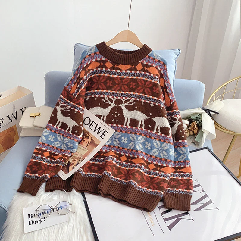 Reduced Prices Vintage Lingge Christmas elk sweater female  4980