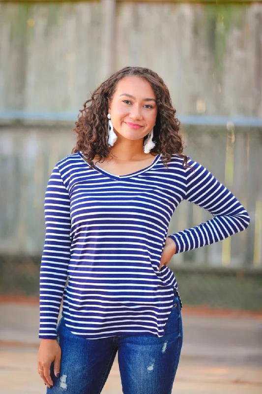 Weekend Specials to Delight Jill V-Neck Striped Long Sleeve Top