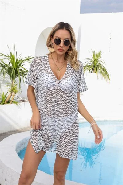 Price Cut Openwork V-Neck Short Sleeve Cover Up