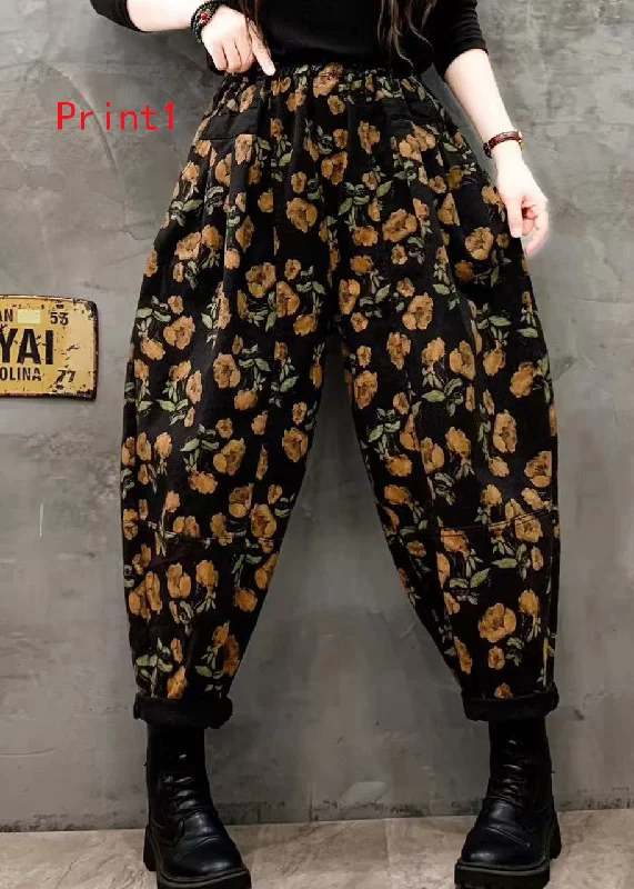 Daily Special Vintage Floral Print Elastic Waist Denim Harlan Pants Autumn