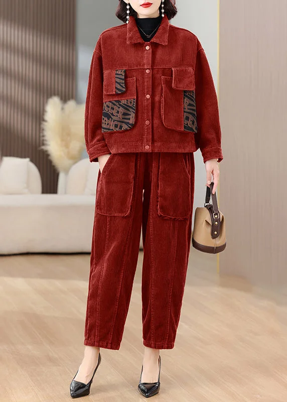 Low Cost Plus Size Red Tops And Pants Corduroy Warm Fleece Sets 2 Pieces Spring