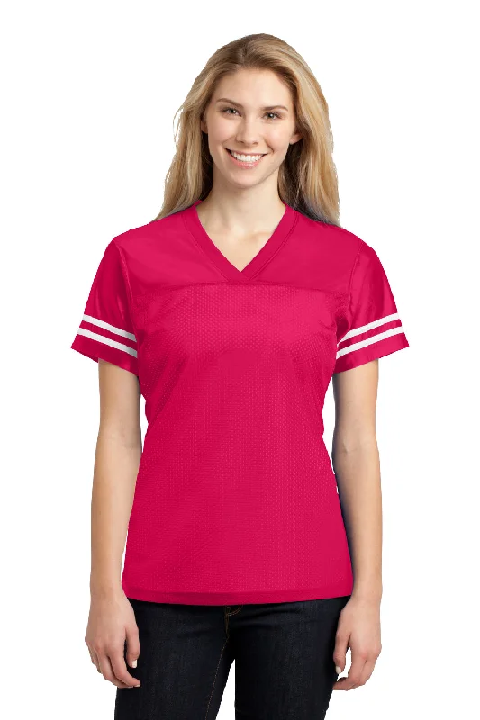 Weekend Discounts to Love Sport-Tek Womens Short Sleeve V-Neck T-Shirt - Raspberry Pink/White - Closeout Weekend Discounts to Love Sport-Tek Womens Short Sleeve V-Neck T-Shirt - Raspberry Pink/White - Closeout