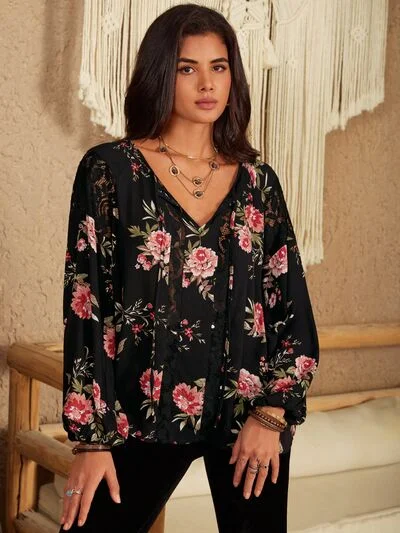 Closeout Eloise Flower Printed Tie Neck Long Sleeve Blouse in Attractive Black