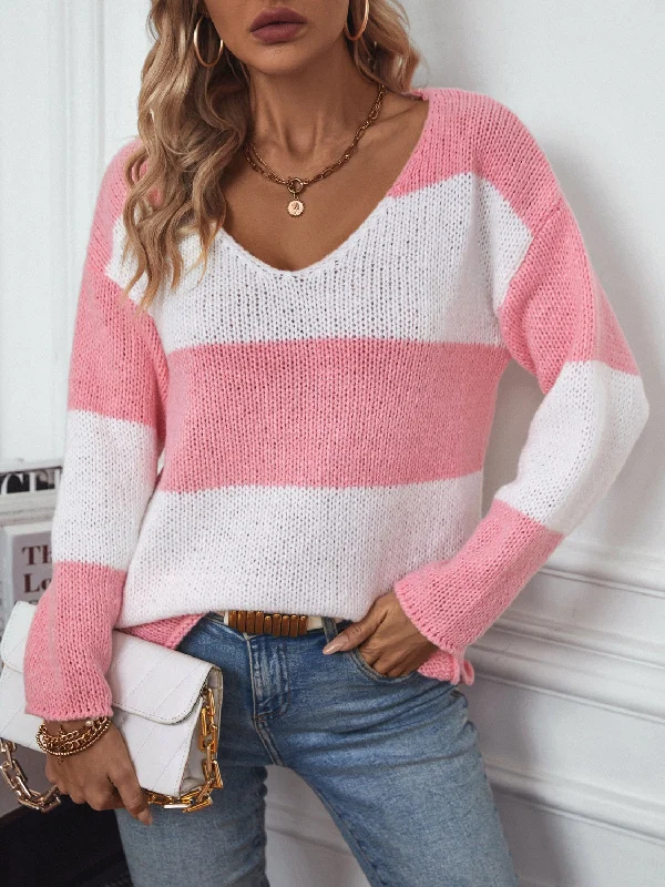 Special Savings Color Block V-Neck Long Sleeve Sweater