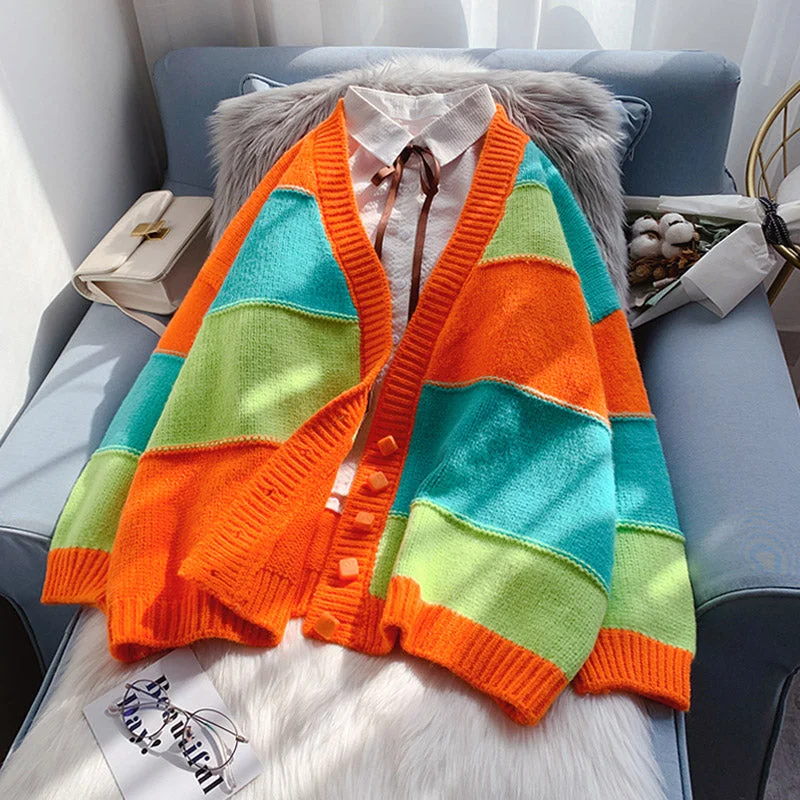 Hurry In Color striped cardigan sweater fruit sweater coat  4959
