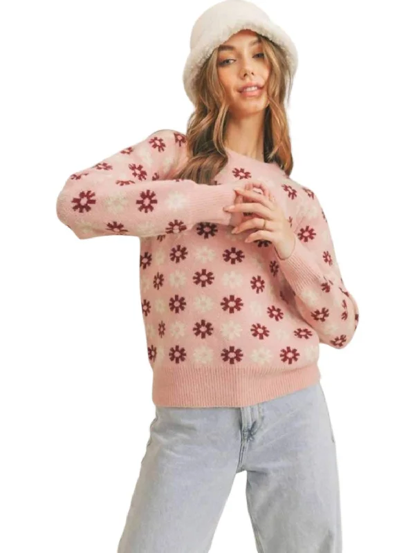 Price Drop Snowflake Print Crew Neck Sweater In Pink