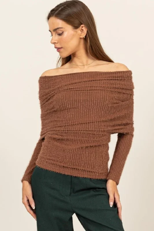 Deep Discounts HYFVE Fuzzy Off Shoulder Textured Knit Top