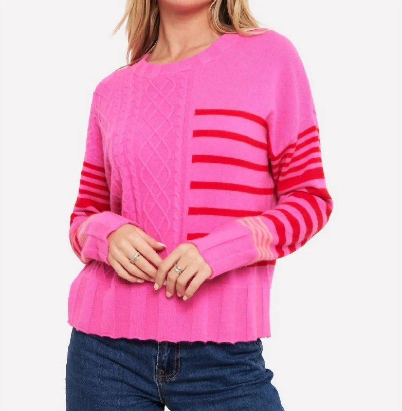 Reduced Rates Callie Cable Stipe Crew Pullover In Diva Pink/red/neon Coral