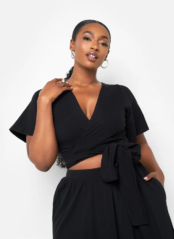 Price Fest Big Risk Wrap Around Kimono Crop Top - Black