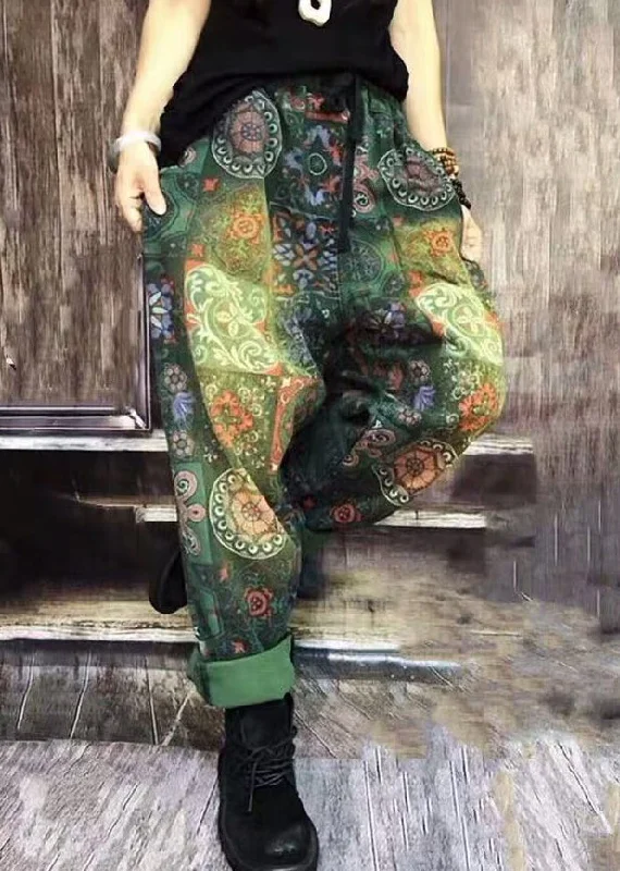Blowout Deals Autumn New Bohemian Green Print Denim Harlan Pants