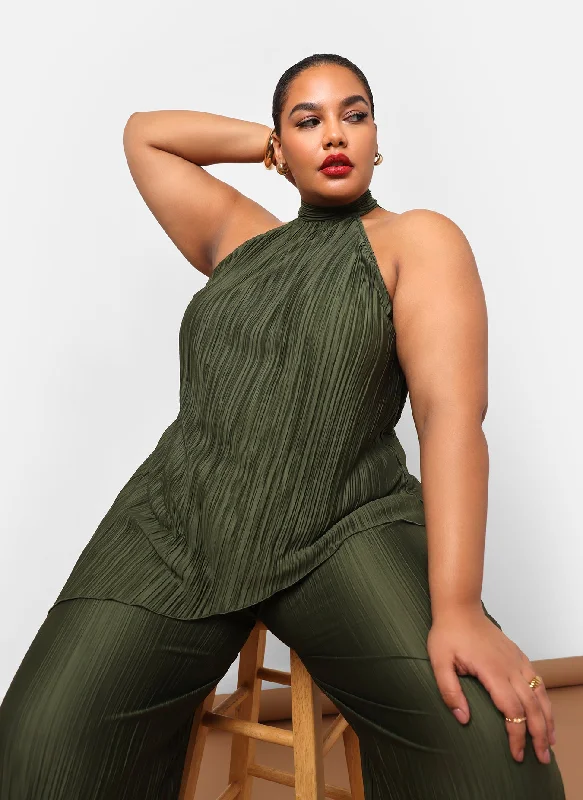 Limited Edition Aleah Plisse Halter Asymmetrical Top - Dark Olive