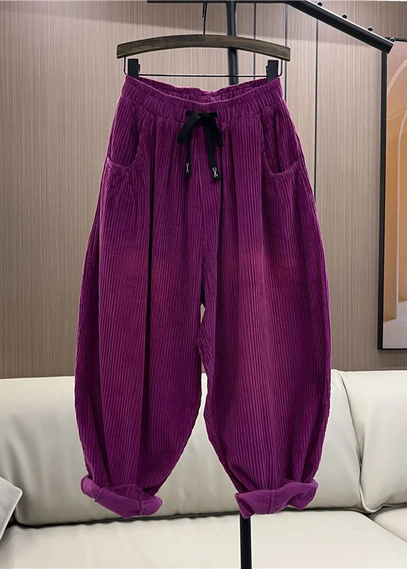 Great Deals Casual Purple Pockets Elastic Waist Patchwork Corduroy Pants Fall
