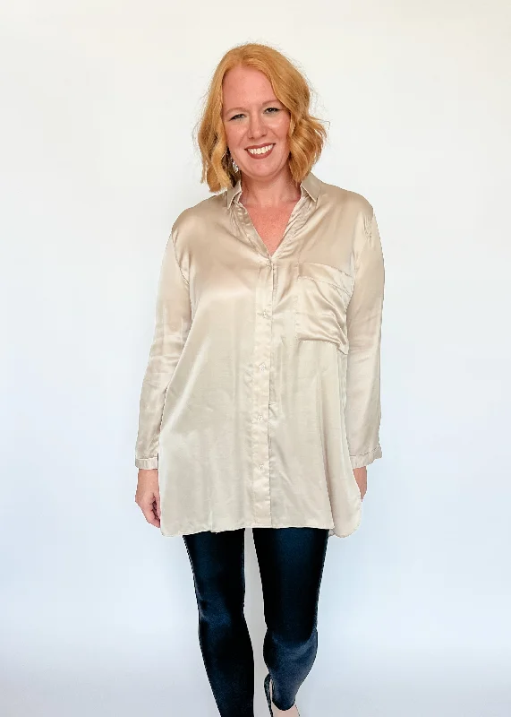 Amazing Deals Highly Favored Long Satin Shirt - Champagne