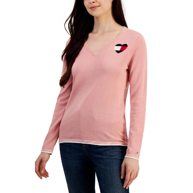 Don't Wait Womens Heart Stripe Trim V-Neck Sweater