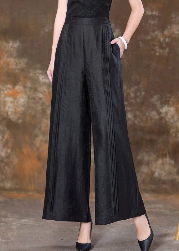 Savings Event Black Solid Patchwork Silk Velour High Waist Wide Leg Pants
