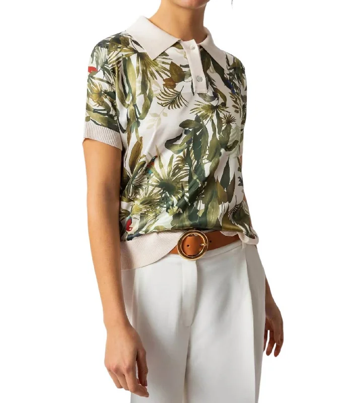 Inventory Reduction Tropical Print Knit Polo In Creme/green