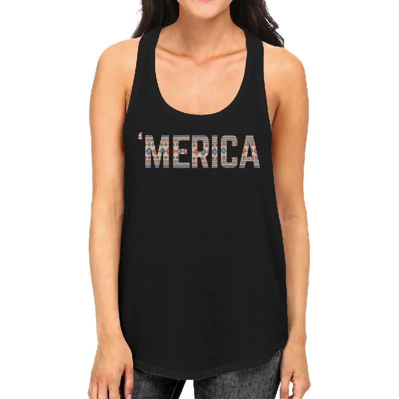 Closeout Sale 'Merica Women Black Sleeveless Tee America Tribal Pattern Lettering
