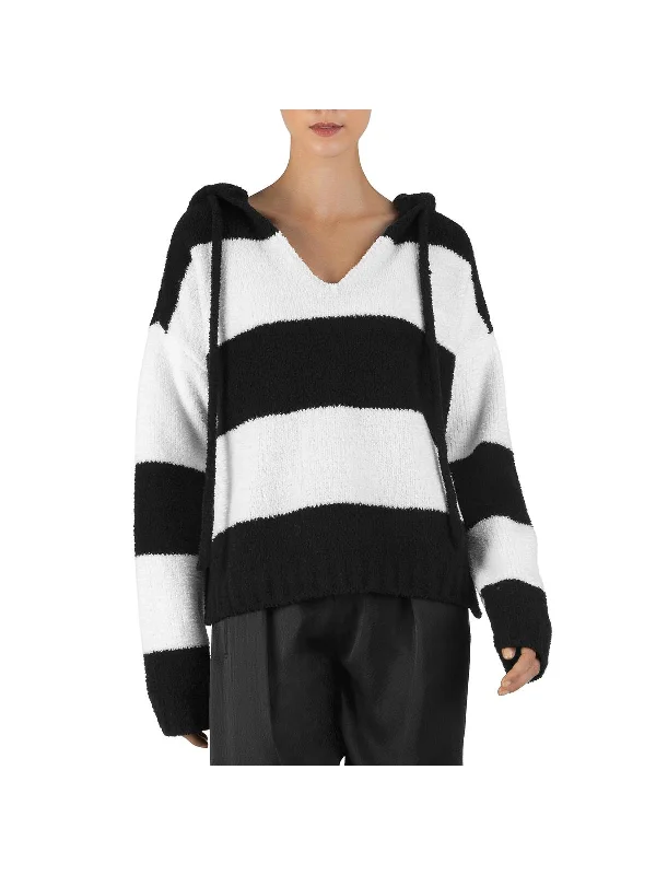 Massive Savings Chenille  Womens Striped Hoodie V-Neck Sweater