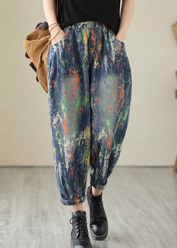 Weekend Savings Delight Blue Paintings Denim Harem Pants Oversized Spring