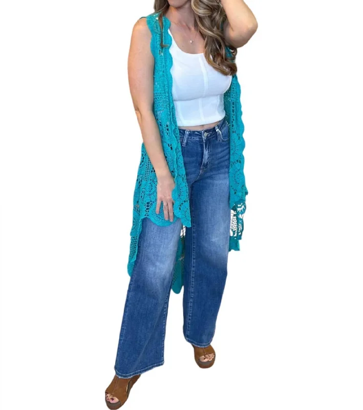 Overstock Sale Cowgirl Dance Party Crochet Cardigan In Teal
