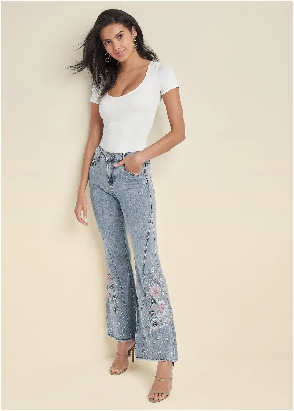 Closeout Sale Floral Applique Jeans - Light Wash