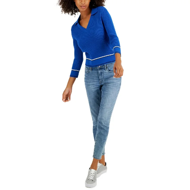 Act Now Womens Cable Knit Collared V-Neck Sweater