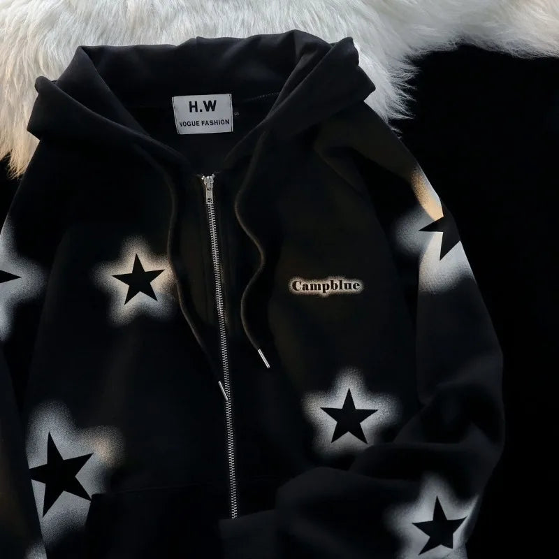 Weekend Bargains Await You American Pentagram Print Zip Cardigan Girl Oversize Lazy Style Hoody