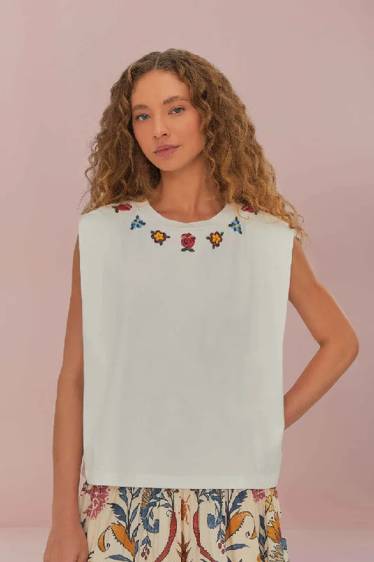 Markdowns Beaded Flowers White T-Shirt