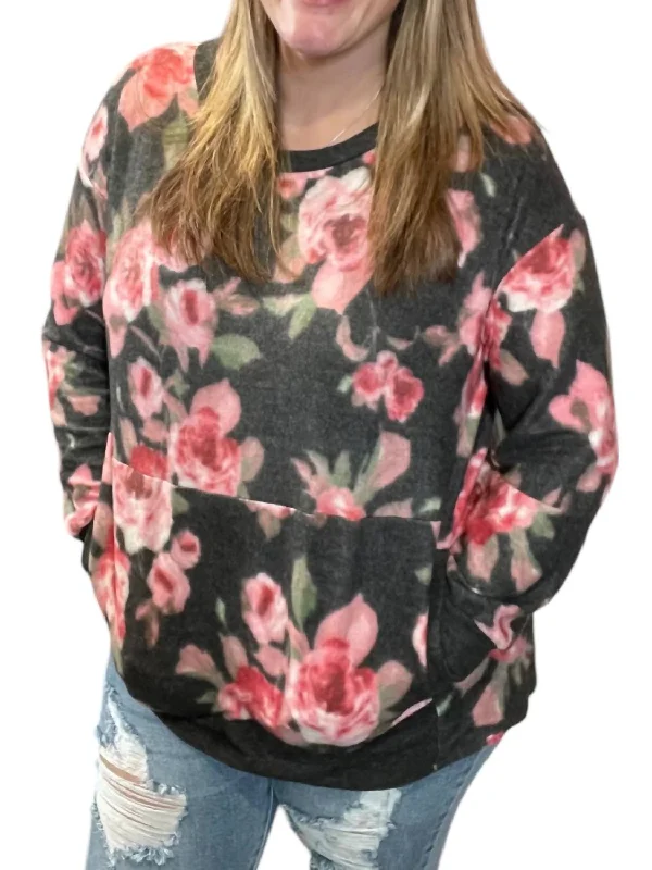 Instant Discount Floral Kangaroo Pocket Sweater In Black