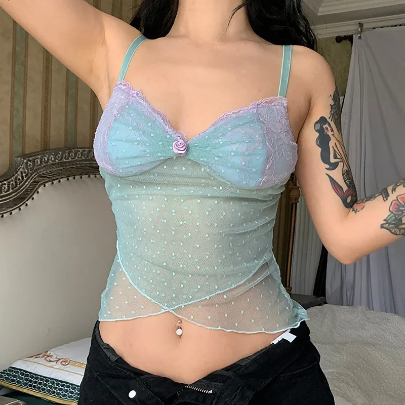 Extra Savings JuliaFashion - 2024 Y2K Mesh Polka Dot Floral Cami Tops