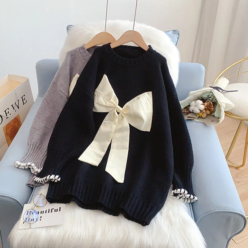 Overstock Sale Bow sweater lazy knit bottomed shirt  5004