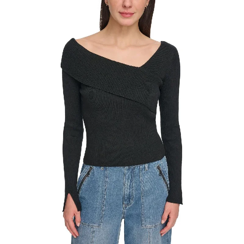 Half Price Womens Ribbed Asymmetrical Neck Pullover Sweater