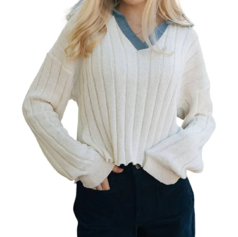 Act Fast Denim Collar Sweater In Ecru