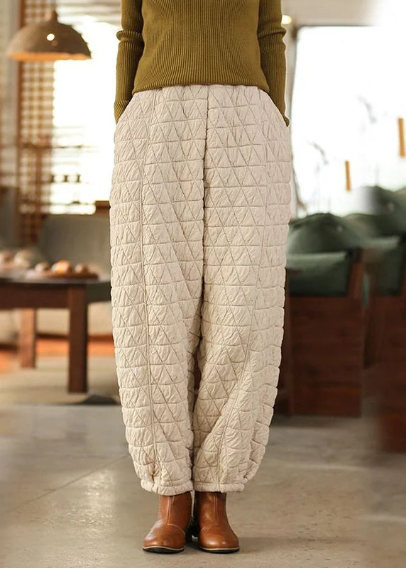 Extra Savings Women Beige Pockets High Waist Cotton Filled Pants Spring
