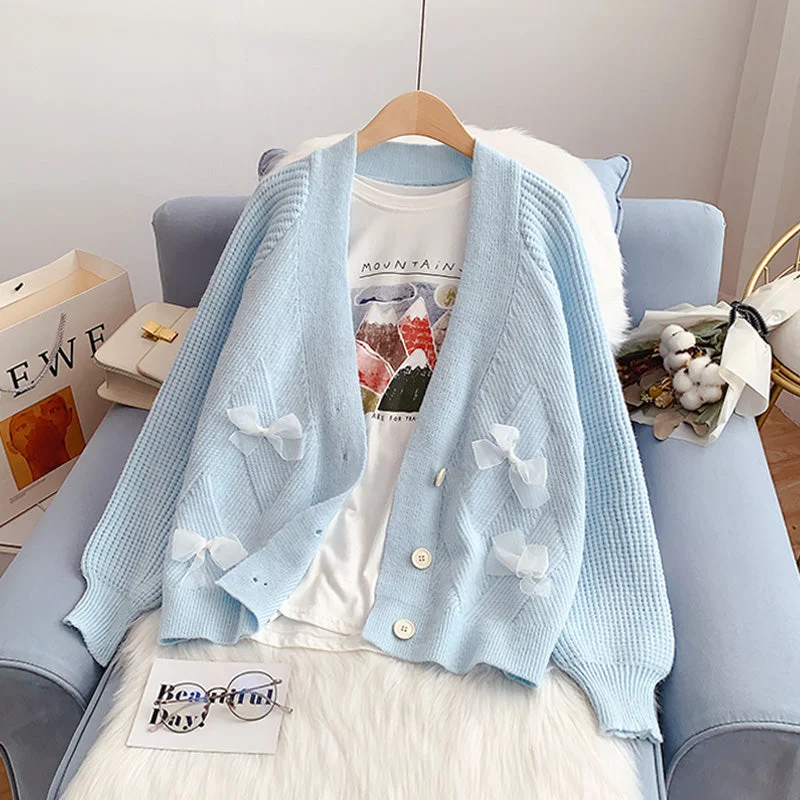 Online Only Sweet bow knit cardigan women's sweater coat  4969