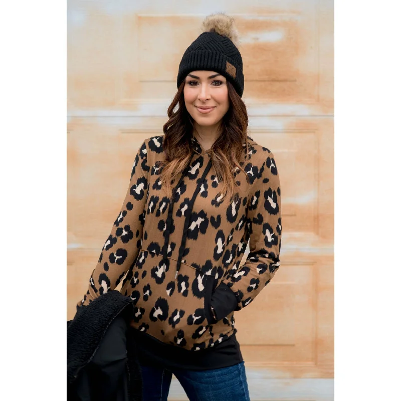 Weekend Savings Spectacular Solid Trim Leopard Print Hoodie