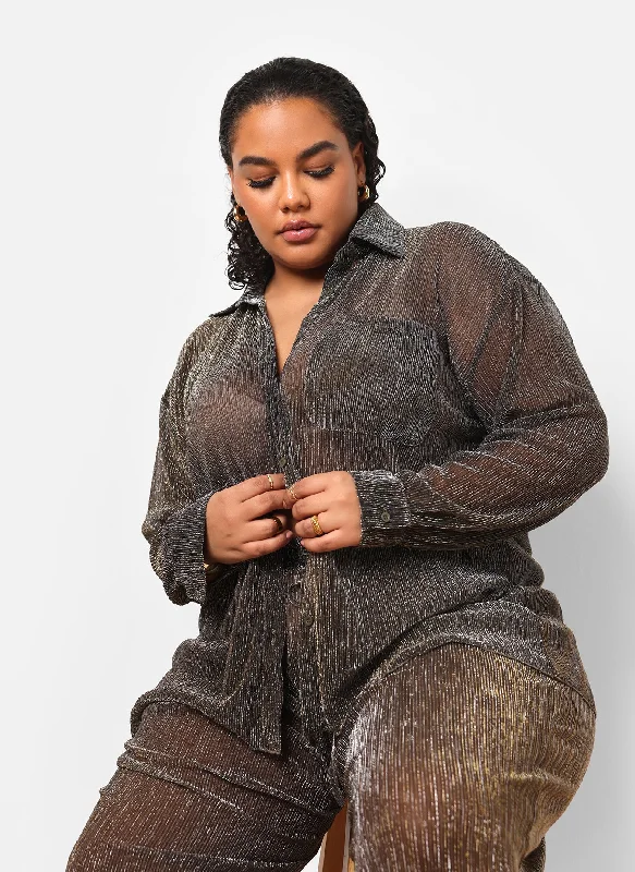Overstock Sale Fabian Sheer Metallic Plisse Button Up Top