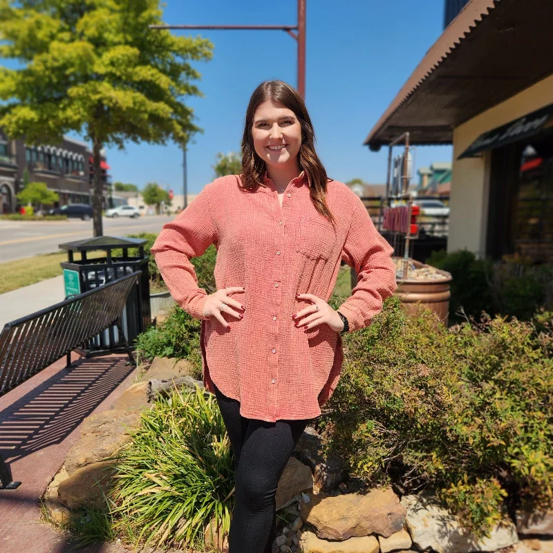 Price Break Washed Red Oversized Button Down Gauze Top