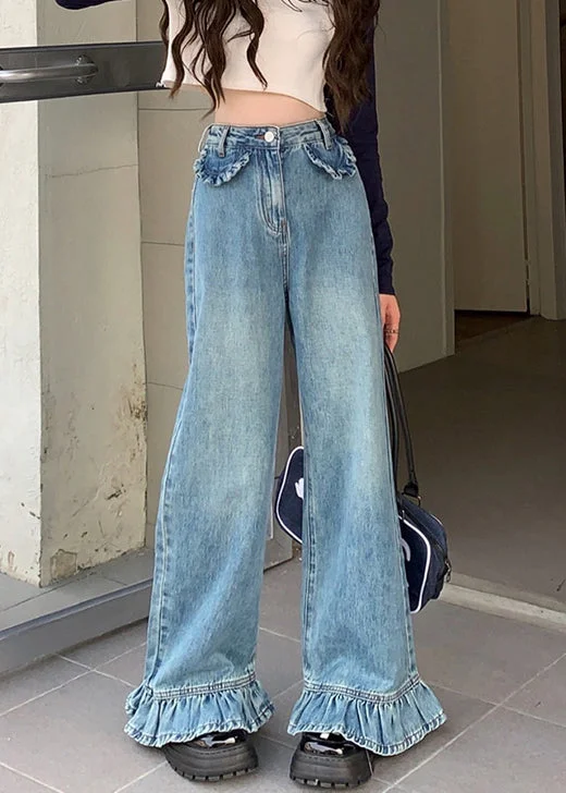 Deal Alert Modern Blue Wrinkled High Waist Denim Wide Leg Pants Spring