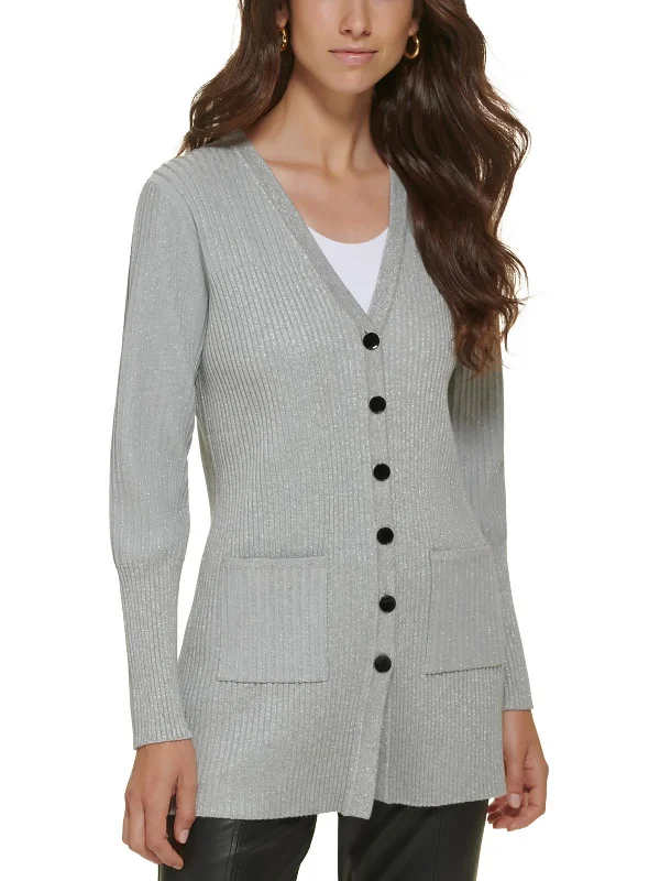 New Markdowns Womens Ribbed Metallic Cardigan Sweater