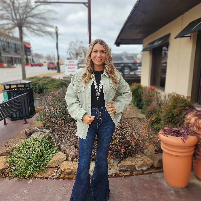 Overstock Sale Green Washed Studed Western Denim Jacket