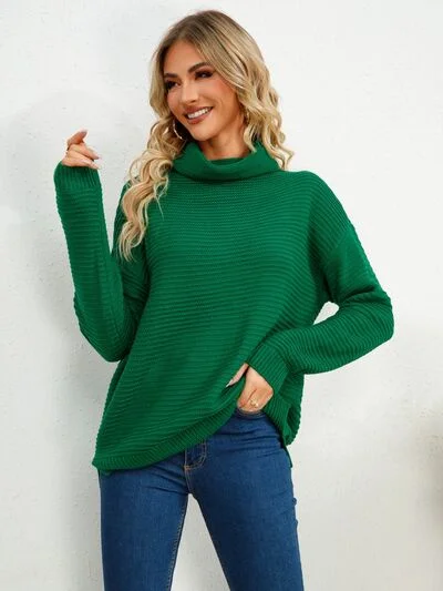 Low Prices Slit Turtleneck Dropped Shoulder Sweater