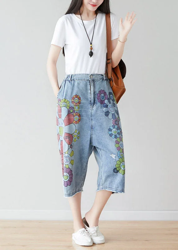 Deal Dash Fashion Blue Elastic Waist Oversized Print Cotton Wide Leg Pants Spring