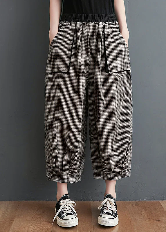 Discount Mania Casual Small Plaid Pockets Elastic Waist Cotton Crop Pants Summer