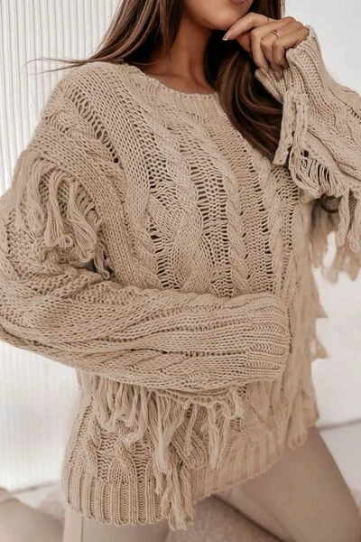 Bonus Offer Cable-Knit Fringe Round Neck Sweater