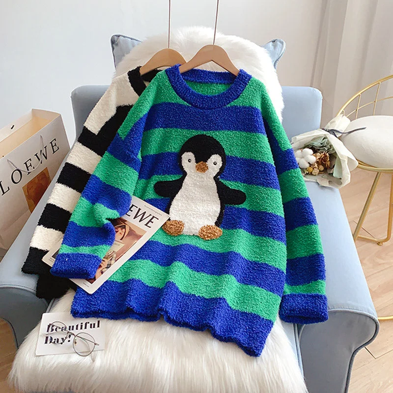 Weekend Offers That Amaze Japanese cute cartoon little penguin stripe lazy wind top  4984