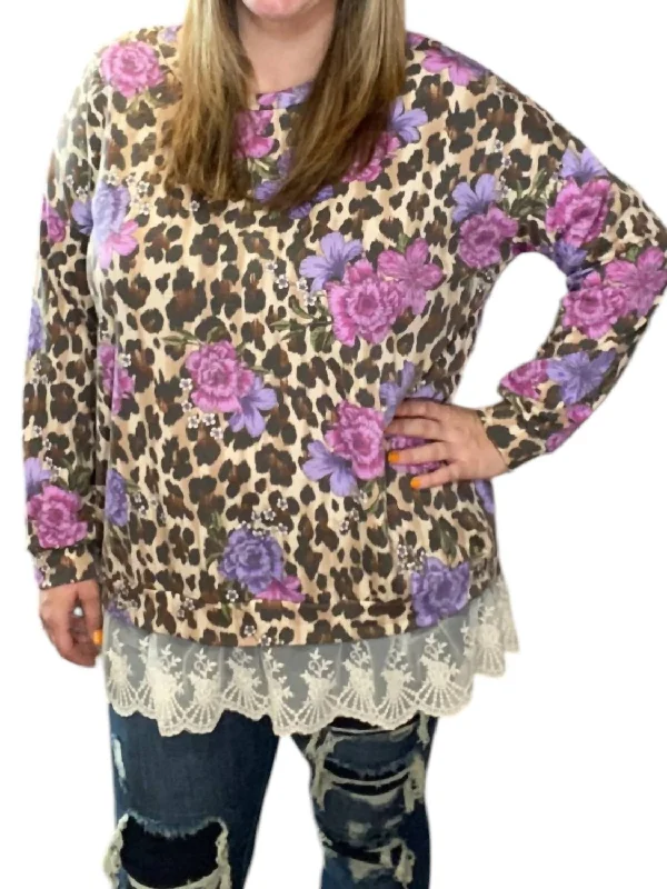 Midnight Madness Lace Trim Floral Animal Sweater In Multi Color
