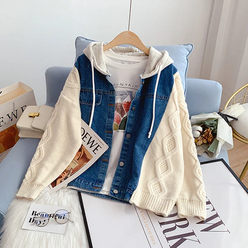 Clearance Items Denim sweater splicing coat versatile knitted cardigan  4965