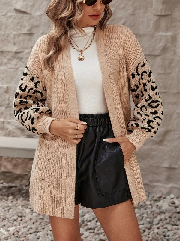 New Markdowns Pocketed Leopard Open Front Cardigan