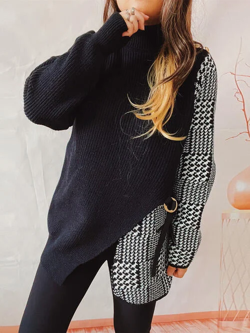 Can't Beat Houndstooth Turtleneck Long Sleeve Slit Sweater